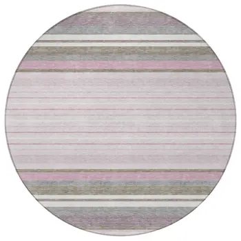 8' Blush Purple And Ivory Round Striped Washable Indoor Outdoor Area Rug