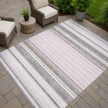 9' X 12' Blush Purple And Ivory Striped Washable Indoor Outdoor Area Rug
