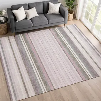 9' X 12' Blush Purple And Ivory Striped Washable Indoor Outdoor Area Rug