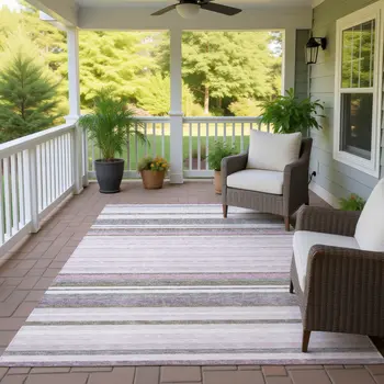 9' X 12' Blush Purple And Ivory Striped Washable Indoor Outdoor Area Rug