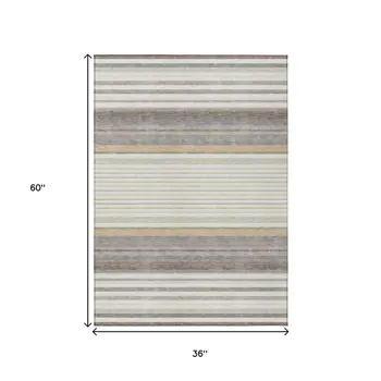 3' X 5' Ivory Taupe And Beige Striped Washable Indoor Outdoor Area Rug
