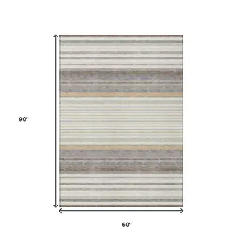 5' X 8' Ivory Taupe And Beige Striped Washable Indoor Outdoor Area Rug