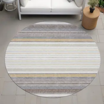 8' Ivory Taupe And Beige Round Striped Washable Indoor Outdoor Area Rug