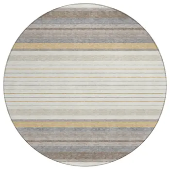 8' Ivory Taupe And Beige Round Striped Washable Indoor Outdoor Area Rug