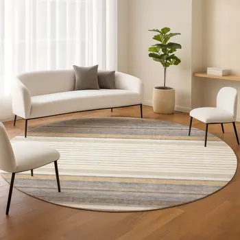 8' Ivory Taupe And Beige Round Striped Washable Indoor Outdoor Area Rug