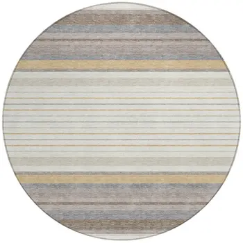8' Ivory Taupe And Beige Round Striped Washable Indoor Outdoor Area Rug