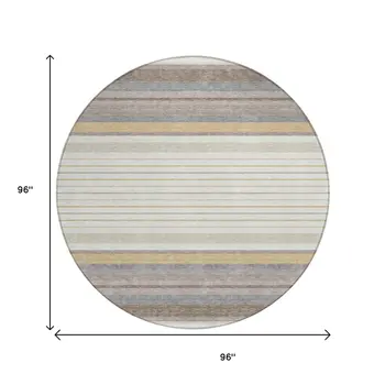 8' Ivory Taupe And Beige Round Striped Washable Indoor Outdoor Area Rug