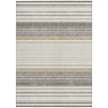8' X 10' Ivory Taupe And Beige Striped Washable Indoor Outdoor Area Rug