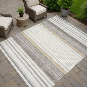 8' X 10' Ivory Taupe And Beige Striped Washable Indoor Outdoor Area Rug