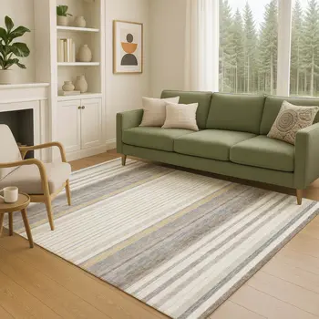 8' X 10' Ivory Taupe And Beige Striped Washable Indoor Outdoor Area Rug