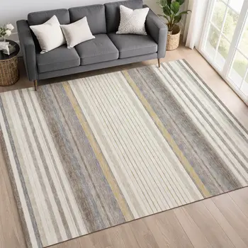 8' X 10' Ivory Taupe And Beige Striped Washable Indoor Outdoor Area Rug