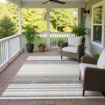 8' X 10' Ivory Taupe And Beige Striped Washable Indoor Outdoor Area Rug