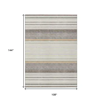 9' X 12' Ivory Taupe And Beige Striped Washable Indoor Outdoor Area Rug
