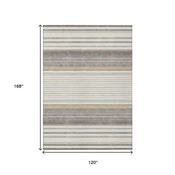 10' X 14' Ivory Taupe And Beige Striped Washable Indoor Outdoor Area Rug
