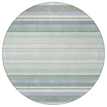 8' Mint Green And Ivory Round Striped Washable Indoor Outdoor Area Rug
