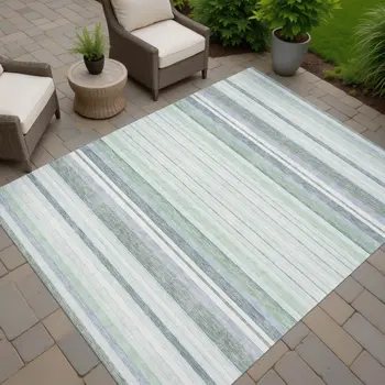 8' X 10' Mint Green And Ivory Striped Washable Indoor Outdoor Area Rug