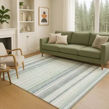 10' X 14' Mint Green And Ivory Striped Washable Indoor Outdoor Area Rug