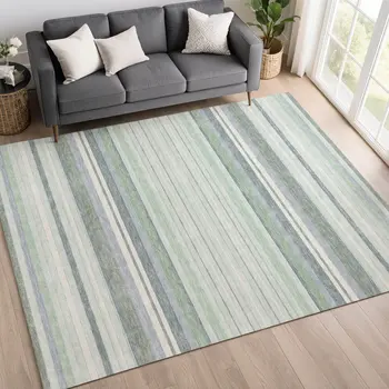 10' X 14' Mint Green And Ivory Striped Washable Indoor Outdoor Area Rug