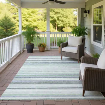 10' X 14' Mint Green And Ivory Striped Washable Indoor Outdoor Area Rug