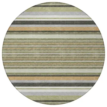8' Olive Green Copper And Ivory Round Striped Washable Indoor Outdoor Area Rug