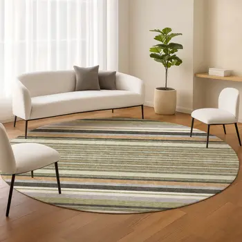 8' Olive Green Copper And Ivory Round Striped Washable Indoor Outdoor Area Rug