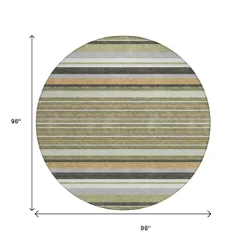 8' Olive Green Copper And Ivory Round Striped Washable Indoor Outdoor Area Rug