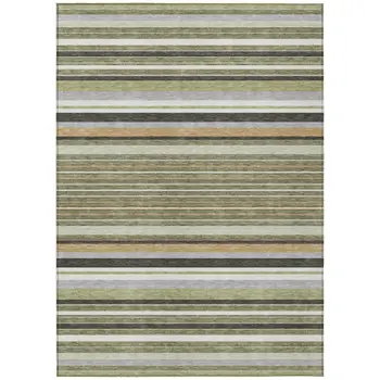 8' X 10' Olive Green Copper And Ivory Striped Washable Indoor Outdoor Area Rug