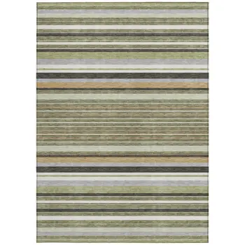 9' X 12' Olive Green Copper And Ivory Striped Washable Indoor Outdoor Area Rug