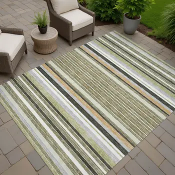 9' X 12' Olive Green Copper And Ivory Striped Washable Indoor Outdoor Area Rug