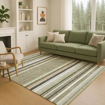 9' X 12' Olive Green Copper And Ivory Striped Washable Indoor Outdoor Area Rug