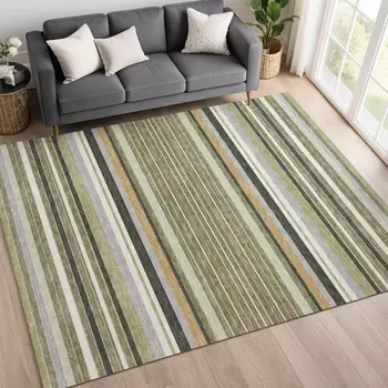 9' X 12' Olive Green Copper And Ivory Striped Washable Indoor Outdoor Area Rug