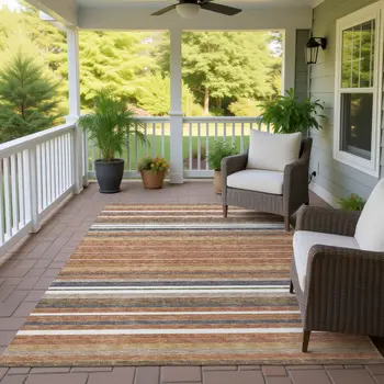 5' X 8' Chili Red Ivory And Gold Striped Washable Indoor Outdoor Area Rug