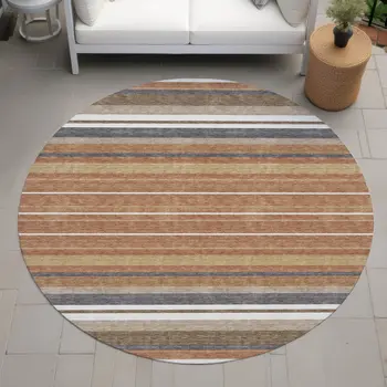 8' Chili Red Ivory And Gold Round Striped Washable Indoor Outdoor Area Rug
