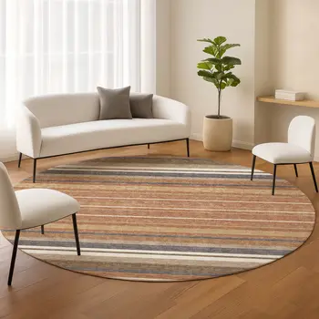 8' Chili Red Ivory And Gold Round Striped Washable Indoor Outdoor Area Rug