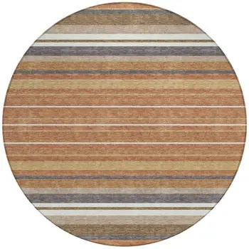 8' Chili Red Ivory And Gold Round Striped Washable Indoor Outdoor Area Rug