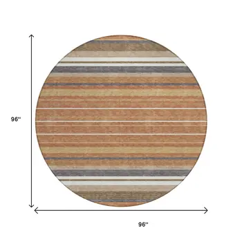 8' Chili Red Ivory And Gold Round Striped Washable Indoor Outdoor Area Rug