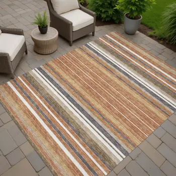 8' X 10' Chili Red Ivory And Gold Striped Washable Indoor Outdoor Area Rug
