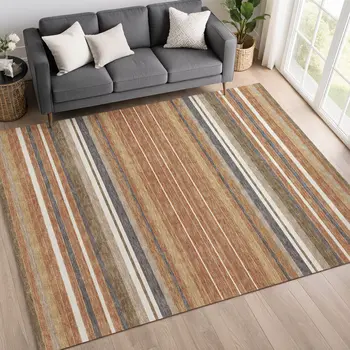 9' X 12' Chili Red Ivory And Gold Striped Washable Indoor Outdoor Area Rug