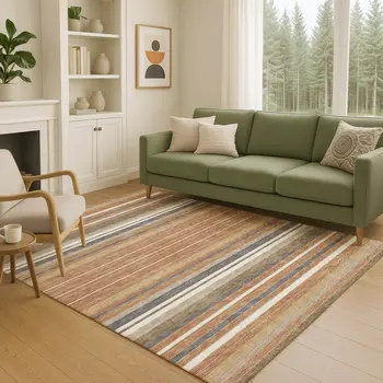 10' X 14' Chili Red Ivory And Gold Striped Washable Indoor Outdoor Area Rug