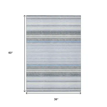 3' X 5' Sky Blue And Ivory Striped Washable Indoor Outdoor Area Rug