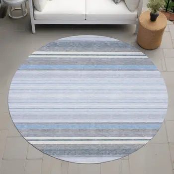 8' Sky Blue And Ivory Round Striped Washable Indoor Outdoor Area Rug