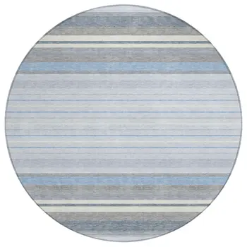 8' Sky Blue And Ivory Round Striped Washable Indoor Outdoor Area Rug