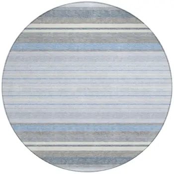 8' Sky Blue And Ivory Round Striped Washable Indoor Outdoor Area Rug