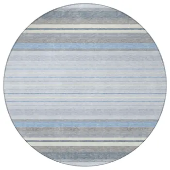 8' Sky Blue And Ivory Round Striped Washable Indoor Outdoor Area Rug