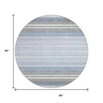 8' Sky Blue And Ivory Round Striped Washable Indoor Outdoor Area Rug