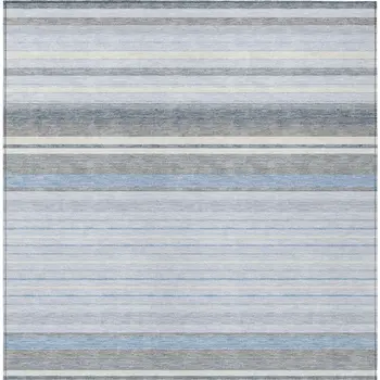 8' X 10' Sky Blue And Ivory Striped Washable Indoor Outdoor Area Rug