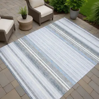 8' X 10' Sky Blue And Ivory Striped Washable Indoor Outdoor Area Rug