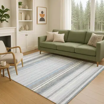 8' X 10' Sky Blue And Ivory Striped Washable Indoor Outdoor Area Rug