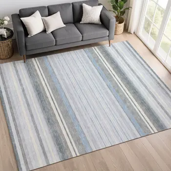 8' X 10' Sky Blue And Ivory Striped Washable Indoor Outdoor Area Rug