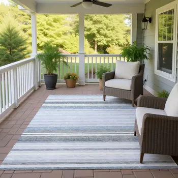 8' X 10' Sky Blue And Ivory Striped Washable Indoor Outdoor Area Rug